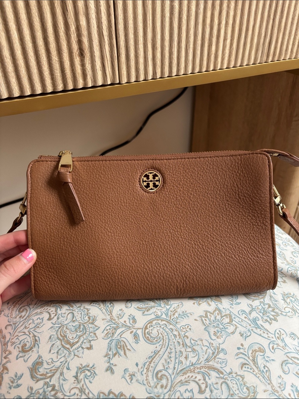 Tory Burch Tan Brown Pebbled Leather Crossbody